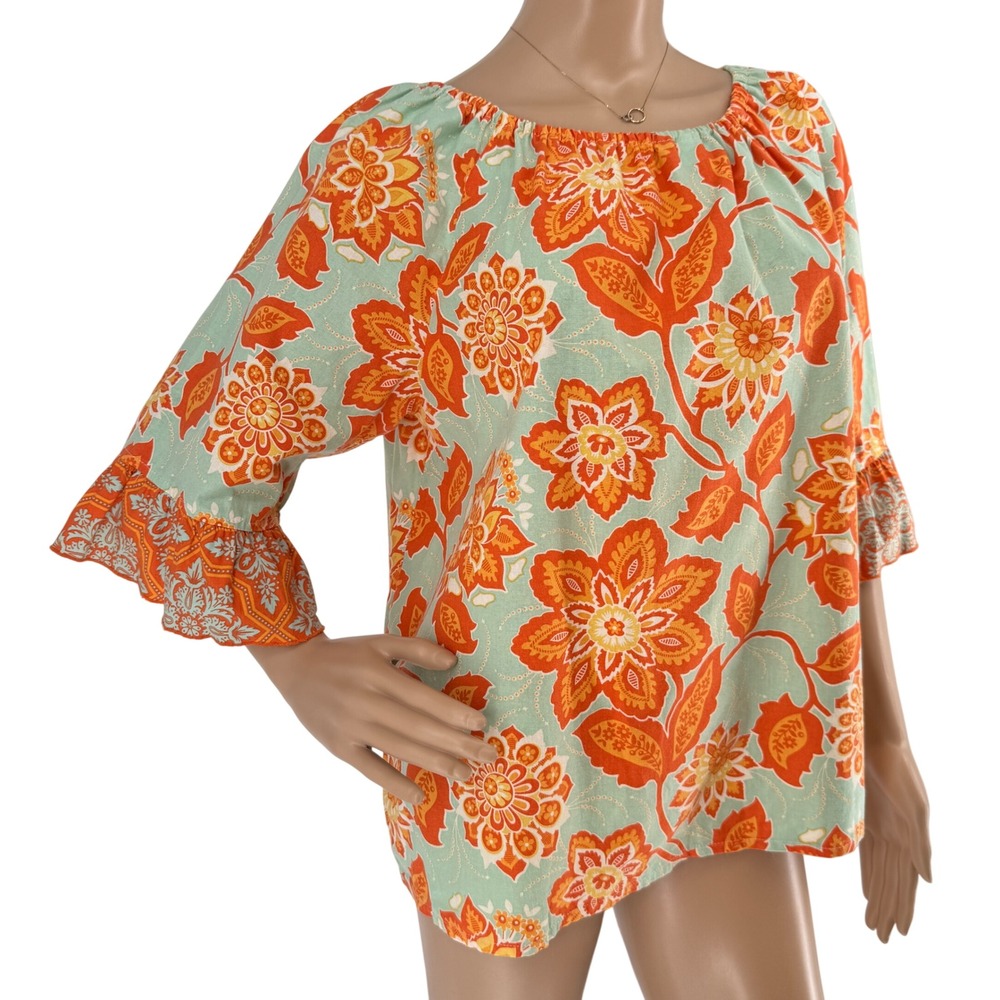 Lolly Wolly Doodle Floral‎ Bell Sleeve Blouse Orange Green Large Boho Top
